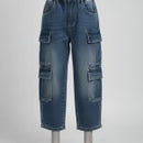 Dark Wash Denim Cargo Pants with Elastic Waist