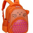 orange backpack for children featuring a cat face design on the front pocket and small ears at the top - Giggles n Gurgles